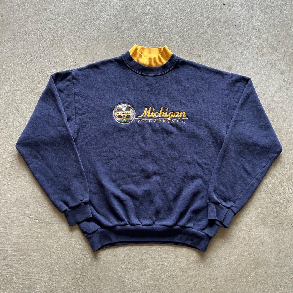 Vintage 90s Michigan Wolverines Sweatshirt Size Medium Embroidered Mock Neck